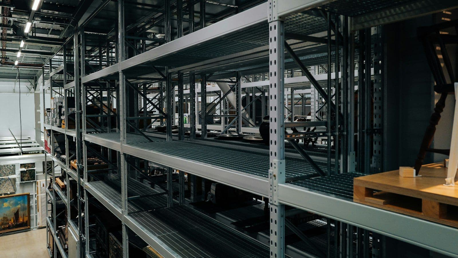 Empty steel warehouse shelving